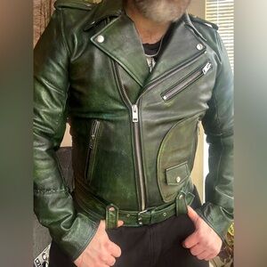 Diesel Buffalo Leather Treated Green Black Moto Jacket NWOT Sz Large